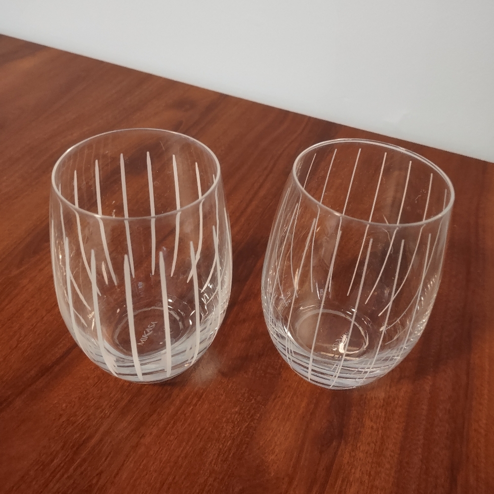 2 Mikasa Tumblers Cheers White Etched Frosted Lines Stemless Wine Glasses